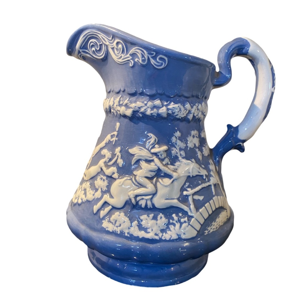 Vintage Pitcher  blue and white colonial scene 11 inches